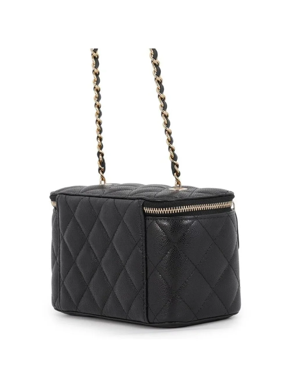 Chanel Chain Shoulder Bag Vanity Case CC Logo Quilted Caviar Leather Black
